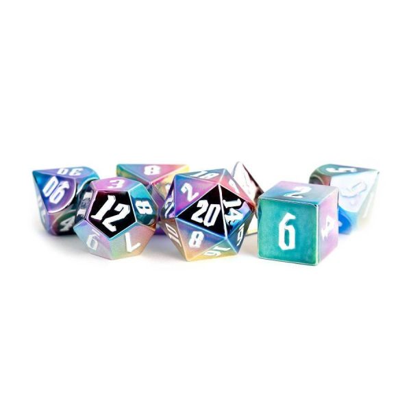 7 Count Aluminum-Plated Acrylic-Metal Dice 16MM: Rainbow Aegis With White Numbers Fashion