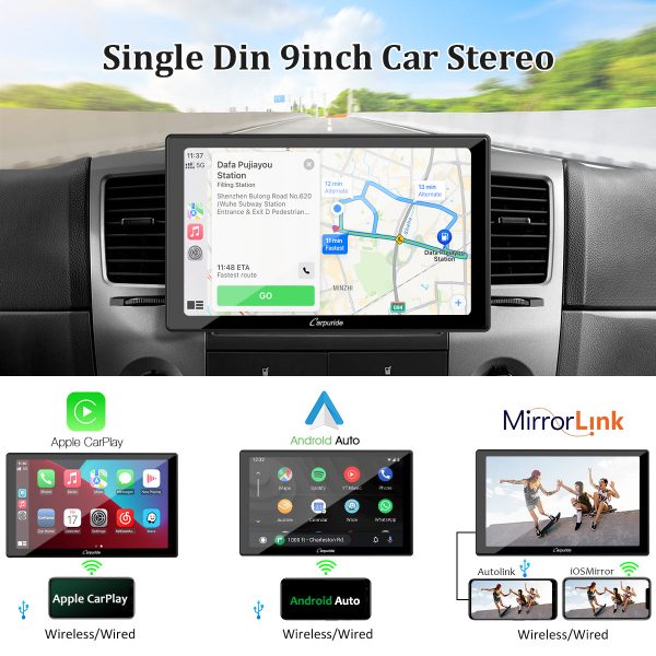 CARPURIDE YT09 Single Din Car Stereo with Wireless Apple CarPlay&Android Auto,9  IPS Touch Screen,GPS Navigation,BT,USB,FM,Rear Camera,SWC For Cheap - Image 2