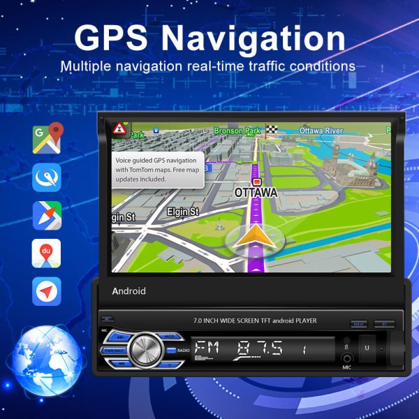 CARPURIDE 1Din Android 10.1 Car Radio Autoradio 7   Retractable Touch Screen Car Video Stereo GPS Navigation Wifi USB Online now - Image 2