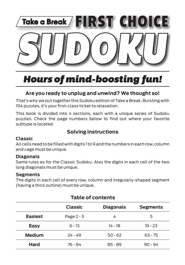 Take a Break - First Choice Sudoku: 190+ Puzzles, Classics, Diagonals, Segments, Fun For Everyone, Easy To Read Size, All Ages & Levels, Relax, Unwind Your Way, Unplug, Reduce Stress & Solve! Online Hot Sale - Image 2
