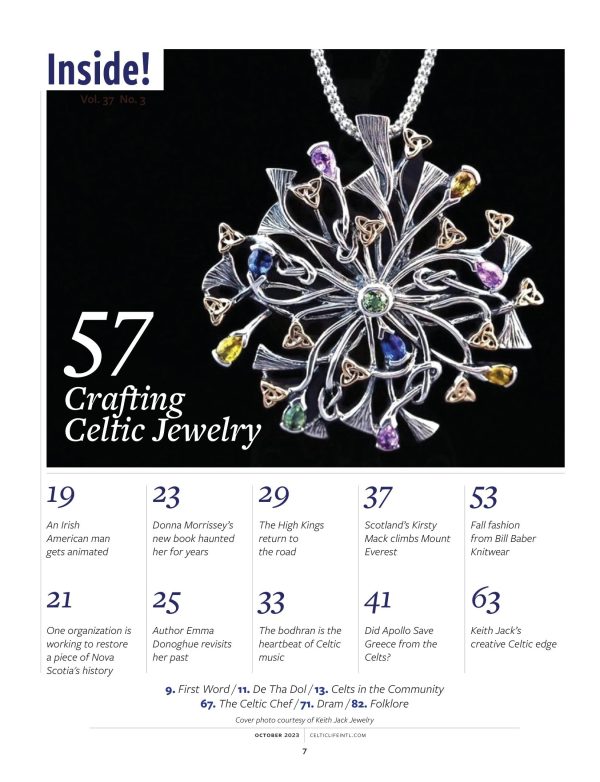 Celtic Life International October 2023 - Crafting Celtic Jewelry: The High Kings, Gary Maclean Fall Fashion, Emma Donoghue Hector 250, The Bodhran, Apollo Save Greece & Donna Morrissey New Book! Online Sale - Image 2