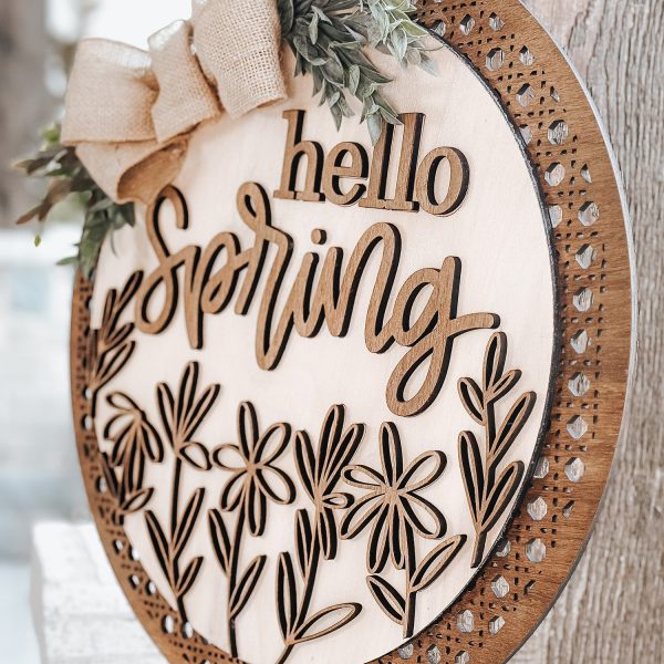 Hello Spring Rattan-style Floral Round Door Hanger For Sale - Image 3