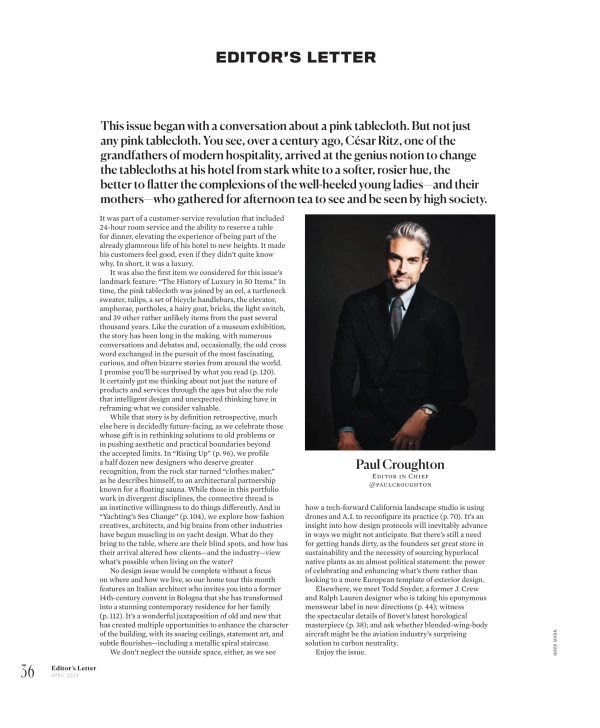 Robb Report - The Design Issue April 2024: Fresh Ideas Powering The Worlds Of Yachts, Cars, Homes & Style, The History Of Luxury In 50 Objects, Italian Gothic, In The Studio With Marc Quinn & More! Sale - Image 4