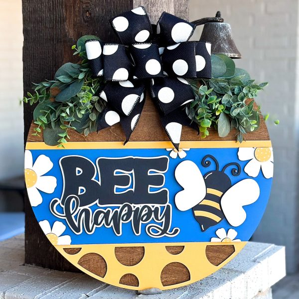 Bee Happy Round Door Hanger Polka Dot Sign Farmhouse Porch Decor Sale