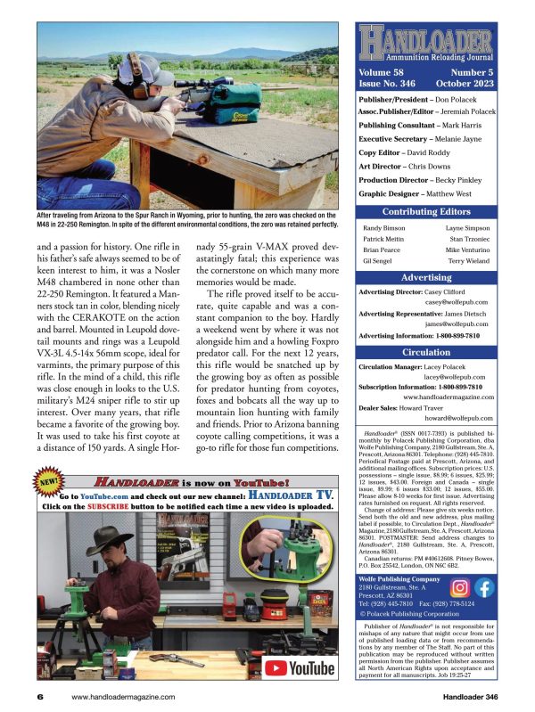 Handloader October 2023 - The Ammunition Reloading Journal: Varmint Hunter s Favorite 22-250 Remington, 30-30 Winchester, 7.6mm Parabellum 30 Luger & Kimber K6s DASA Combat Revolver Online now - Image 4