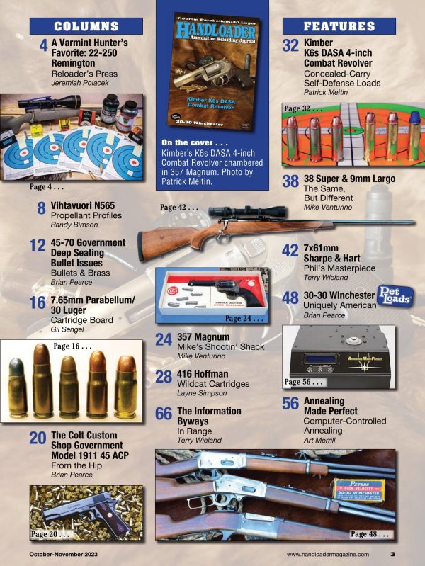 Handloader October 2023 - The Ammunition Reloading Journal: Varmint Hunter s Favorite 22-250 Remington, 30-30 Winchester, 7.6mm Parabellum 30 Luger & Kimber K6s DASA Combat Revolver Online now - Image 2