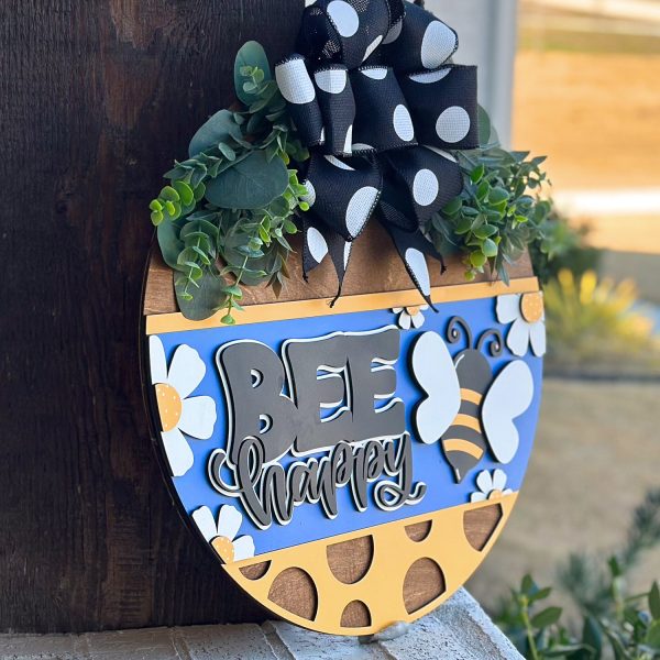 Bee Happy Round Door Hanger Polka Dot Sign Farmhouse Porch Decor Sale - Image 2
