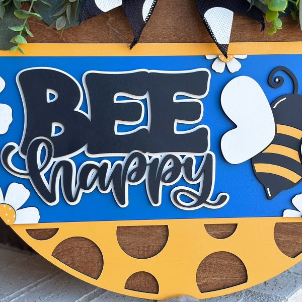 Bee Happy Round Door Hanger Polka Dot Sign Farmhouse Porch Decor Sale - Image 5
