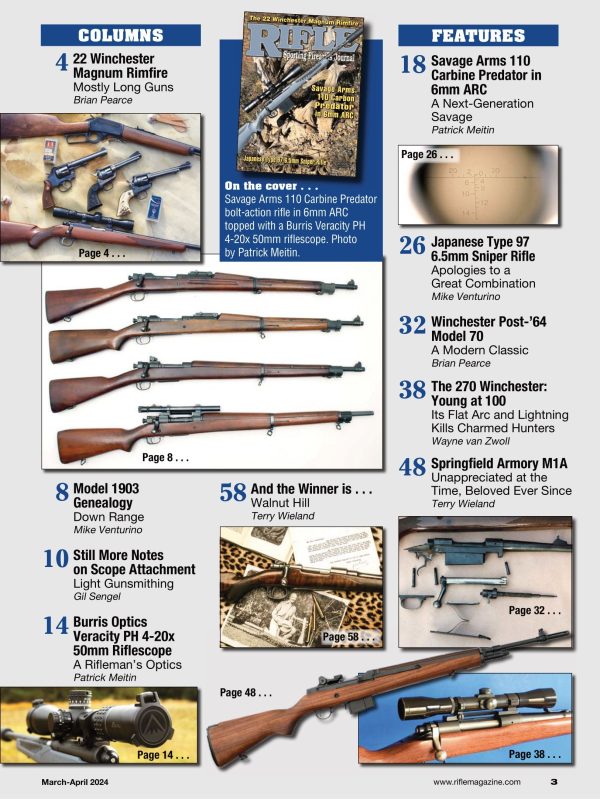 Rifle March 2024 - The Sporting Firearms Journal: 22 Winchester Magnum Rimfire, Springfield Armory M1A, Japanese Type 97 6.55mm Sniper Rifle, Scope Attachments, Gunsmithing, Testing & More! For Discount - Image 2
