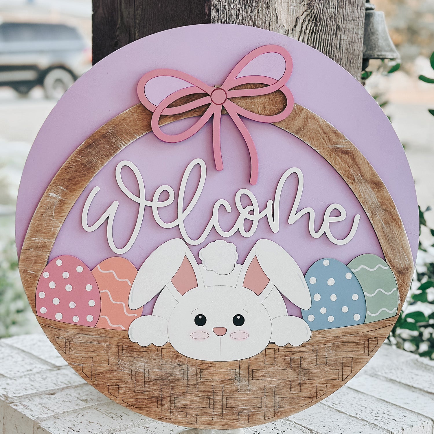 Welcome Bunny Easter Basket Door Hanger – Layered Round Spring Sign Online Sale
