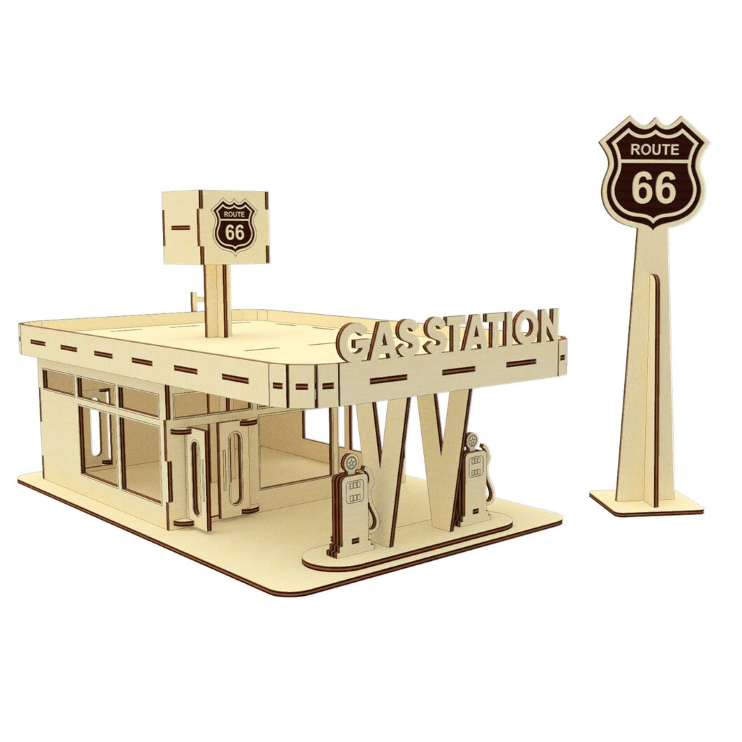 Retro Gas Station Dollhouse with Route Sign Fashion