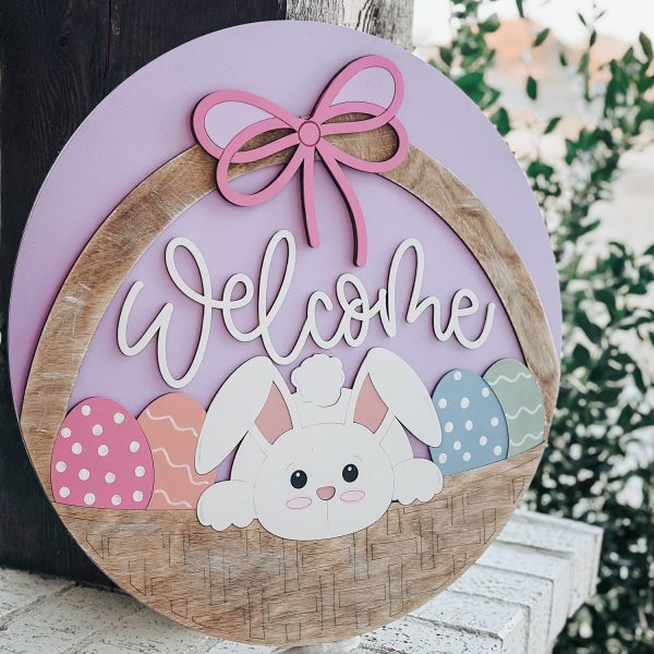 Welcome Bunny Easter Basket Door Hanger – Layered Round Spring Sign Online Sale - Image 2