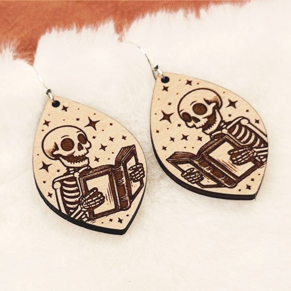 Skeleton Reading Book Halloween Earrings Cheap - Image 2