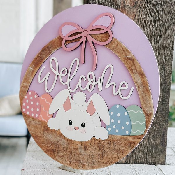 Welcome Bunny Easter Basket Door Hanger – Layered Round Spring Sign Online Sale - Image 3