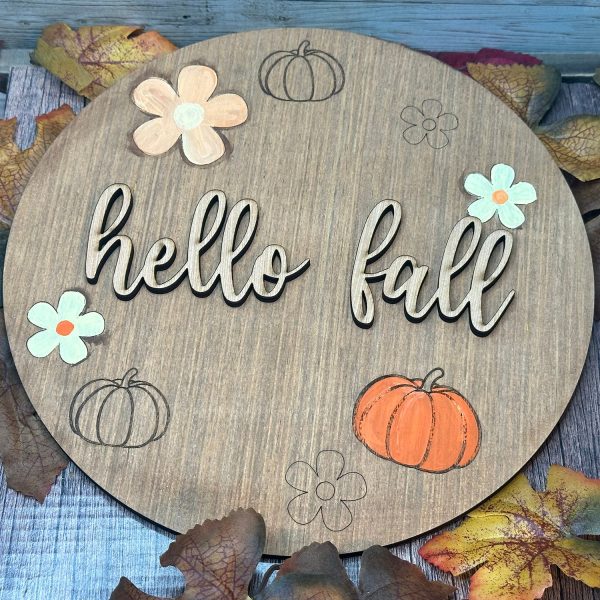 Hello Fall with Daisies and Pumpkins Door Sign on Sale