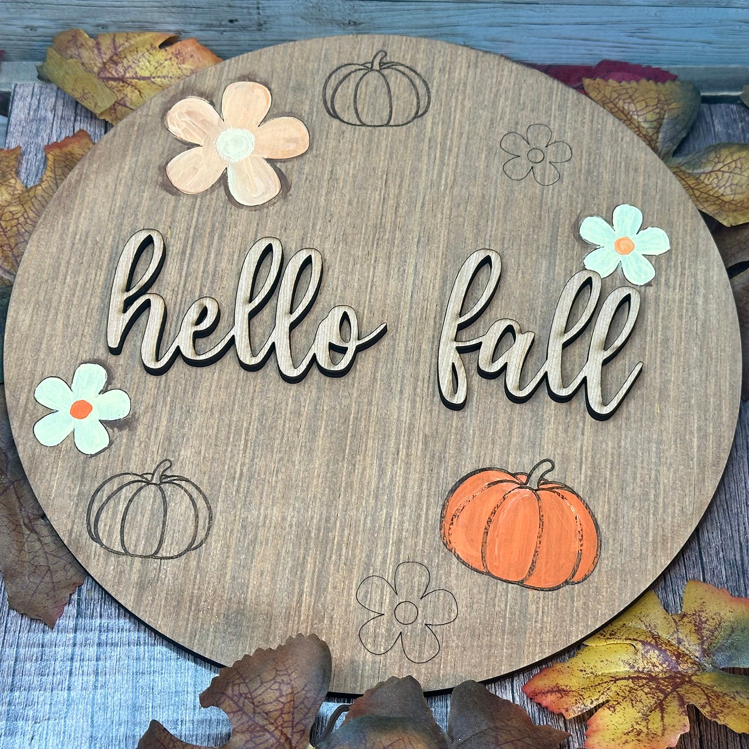 Hello Fall with Daisies and Pumpkins Door Sign on Sale