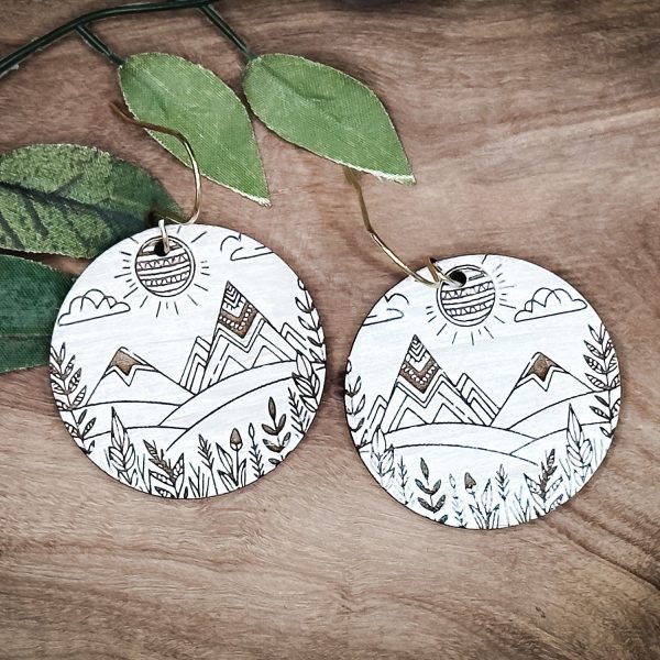 Boho Mountain Scene Round Dangle Earrings For Sale