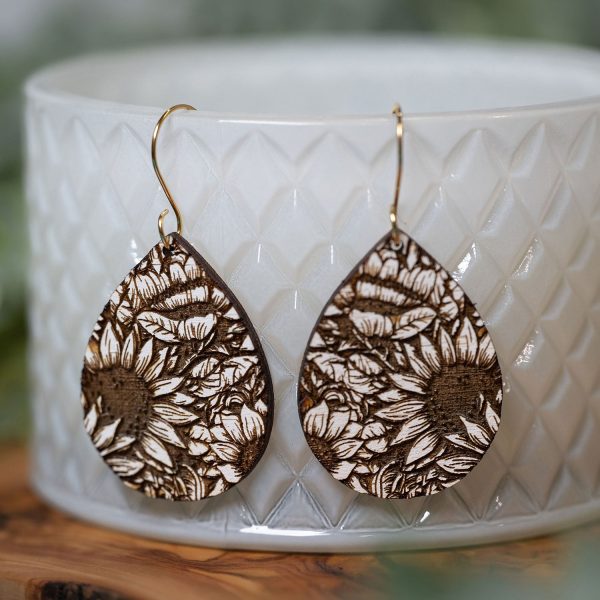Sunflower Engraved Teardrop Dangle Earrings Discount