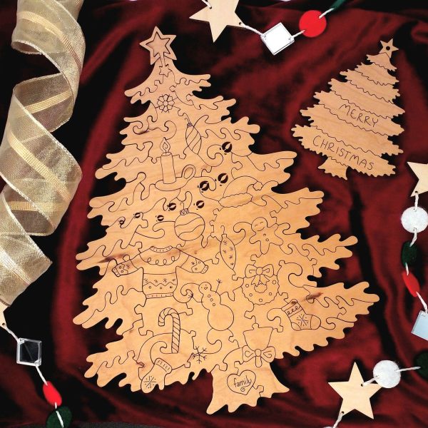 Customizable Christmas Tree Puzzle with Whimsies And Matching Gift Tag Sale