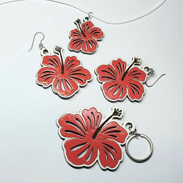 Beautiful Hibiscus Earrings, Pendant, and Keychain Set For Discount